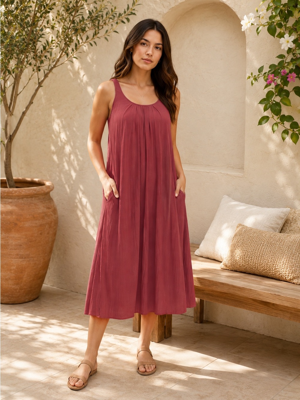 GAP Scoop Neck Pleated Midi Sleeveless A-Line Flowy Dress in Size S